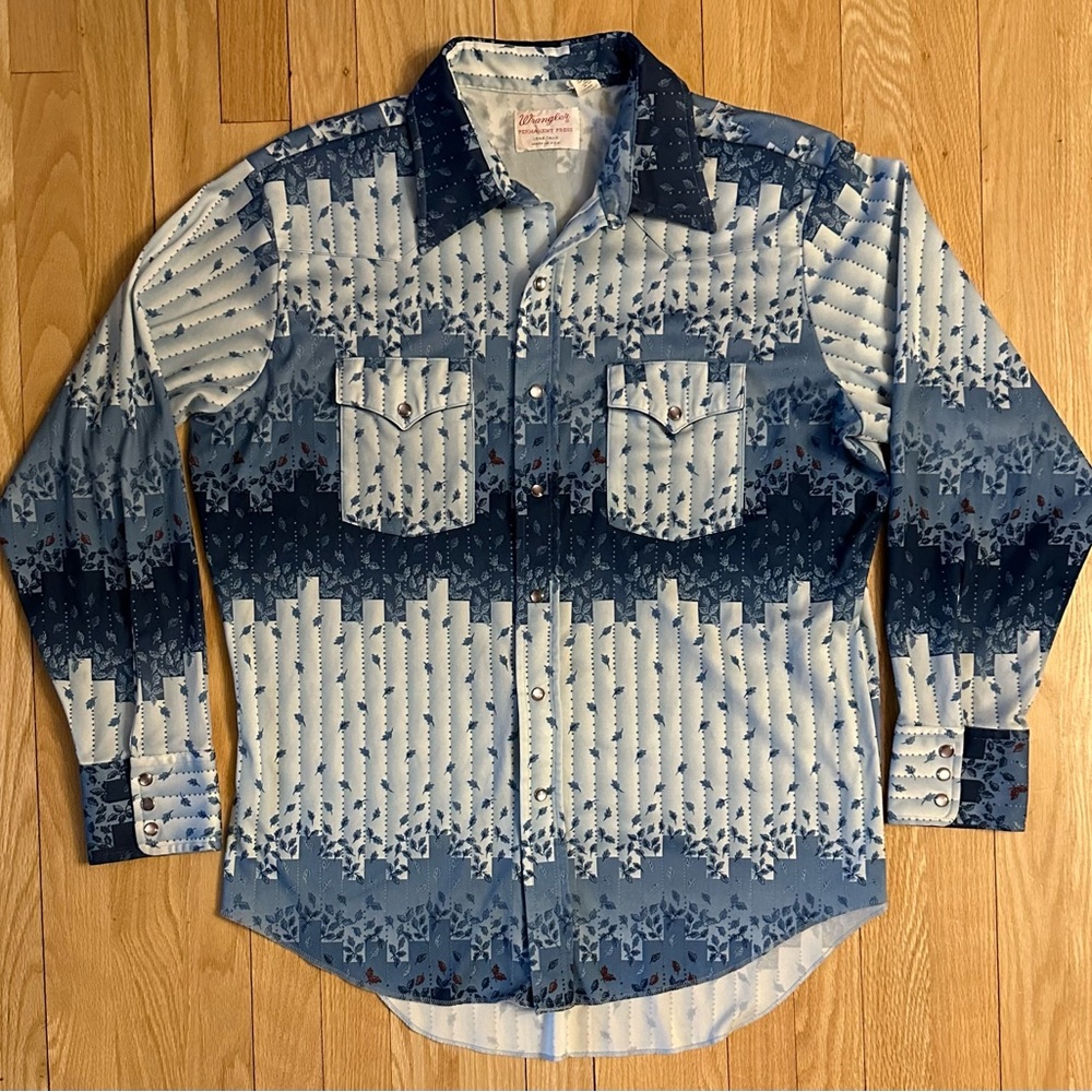 Wrangler Blue Leaf Fade Western Shirt Pearl Snaps Long Tail, Men’s Size XL